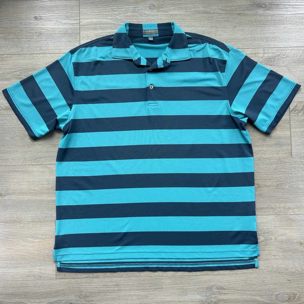 Peter Millar Polo‎ Shirt Mens Large Turquoise Striped Summer Comfort Golf**